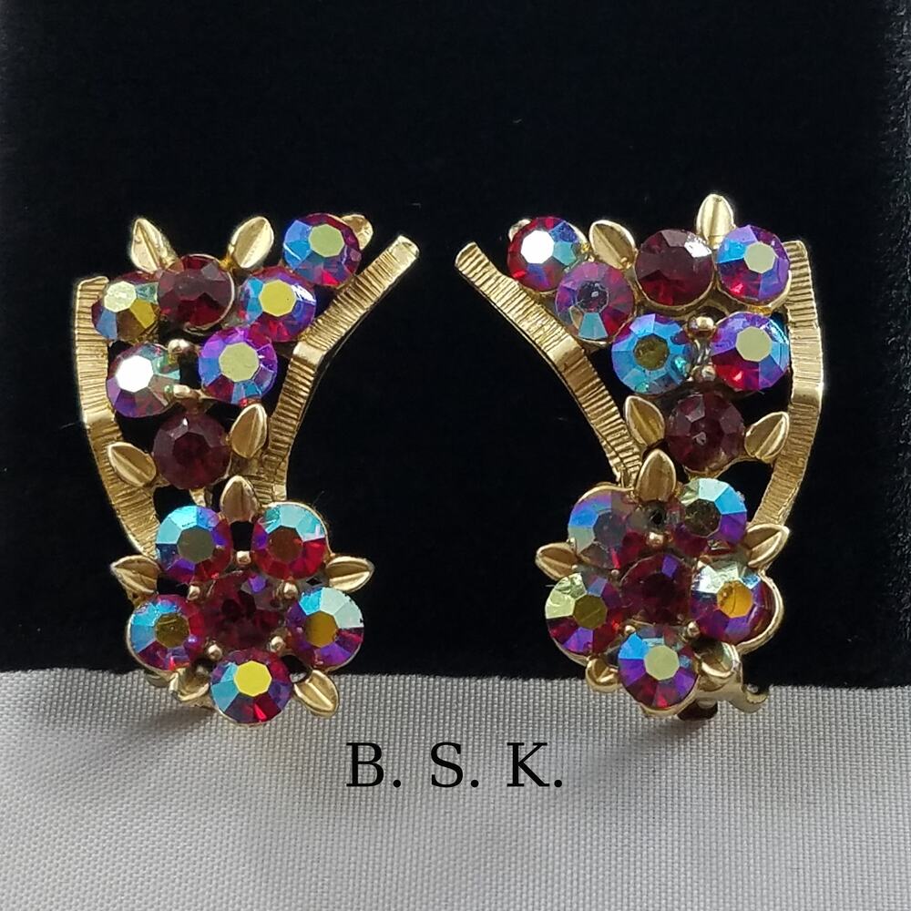 BSK Red Aurora Borealis Rhinestone Clip Earrings Gold Tone Floral 1950s